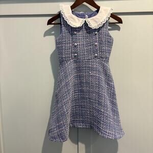 Janie and Jack Dress Girls 8 Blue Boucle Tweed Peter Pan Collar Sleeveless Lined